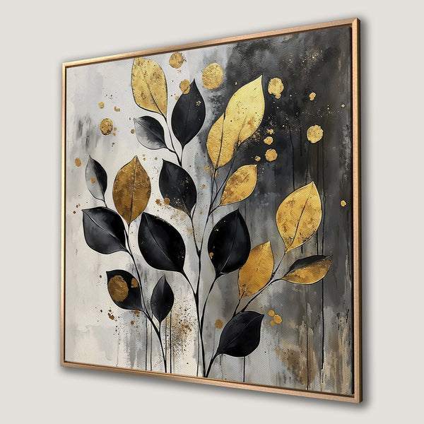 Framed Wall Art featuring abstract gold and black leaves on a textured background. Modern, elegant design with a neutral color palette.