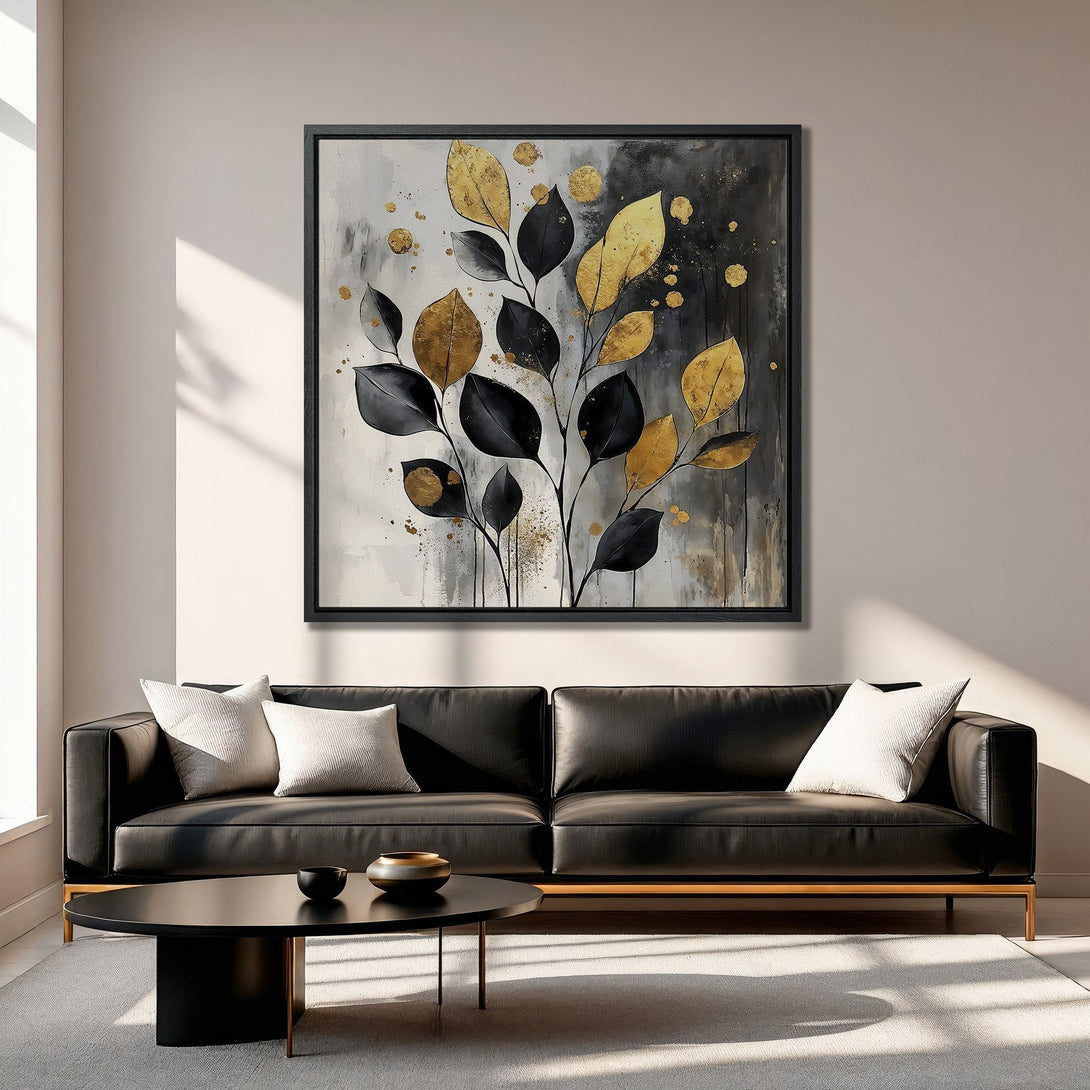Framed Wall Art: Abstract gold and black leaves on a canvas print. Modern art for living room decor. Neutral color palette.