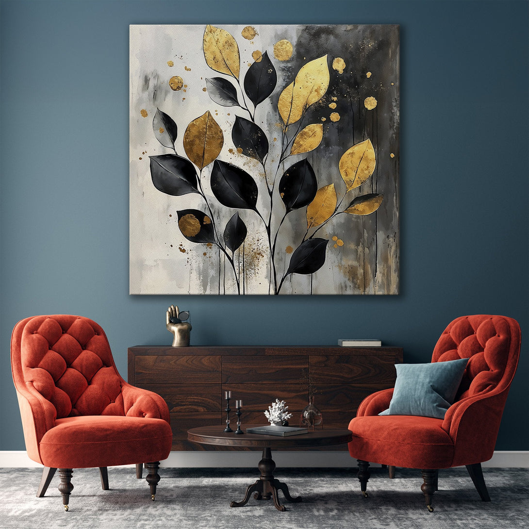 Framed Wall Art featuring abstract gold and black leaves. Modern art print in a neutral interior, perfect for adding elegance to your home decor.
