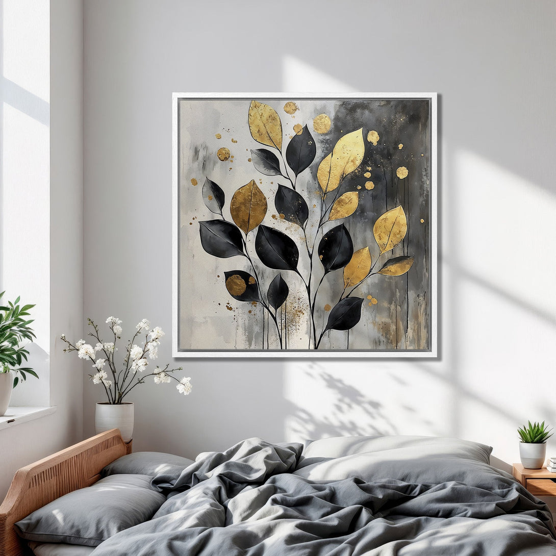 Framed Wall Art featuring abstract gold and black leaves on a neutral background. Modern art perfect for bedroom decor.