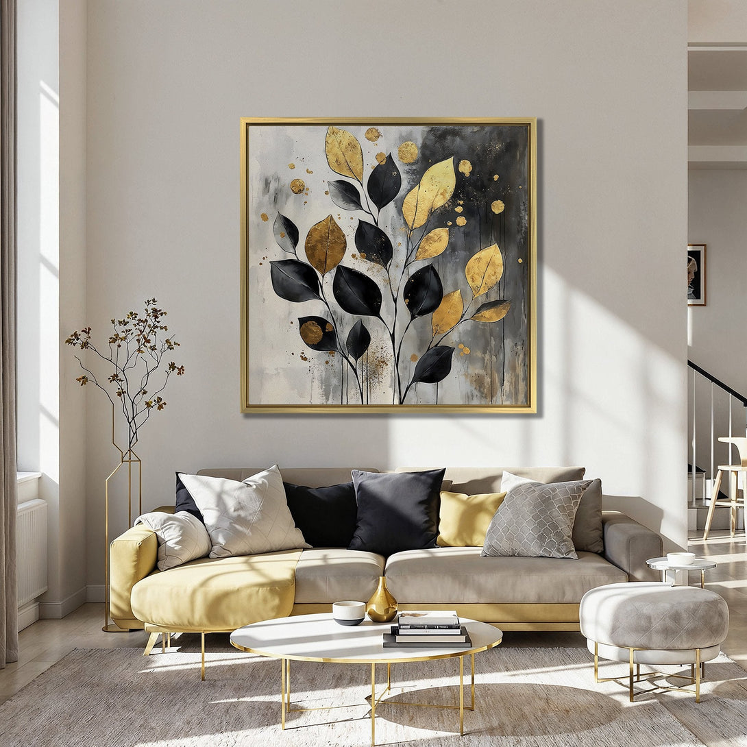 Canvas Print featuring abstract gold and black leaf design. Modern wall art in a sophisticated interior with a teal wall and red chairs.