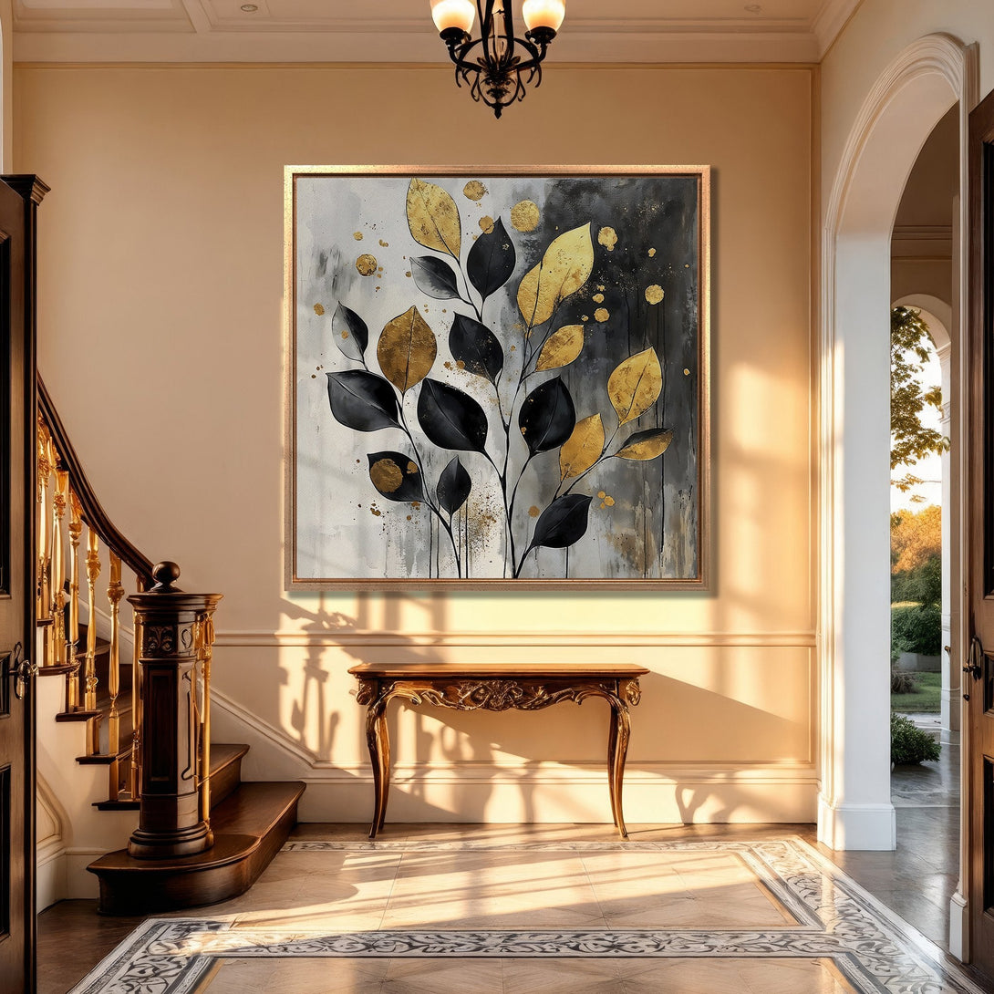 Framed Wall Art: Abstract gold and black leaf design. Modern canvas print adds elegance to any interior. Neutral color palette for sophisticated home decor.