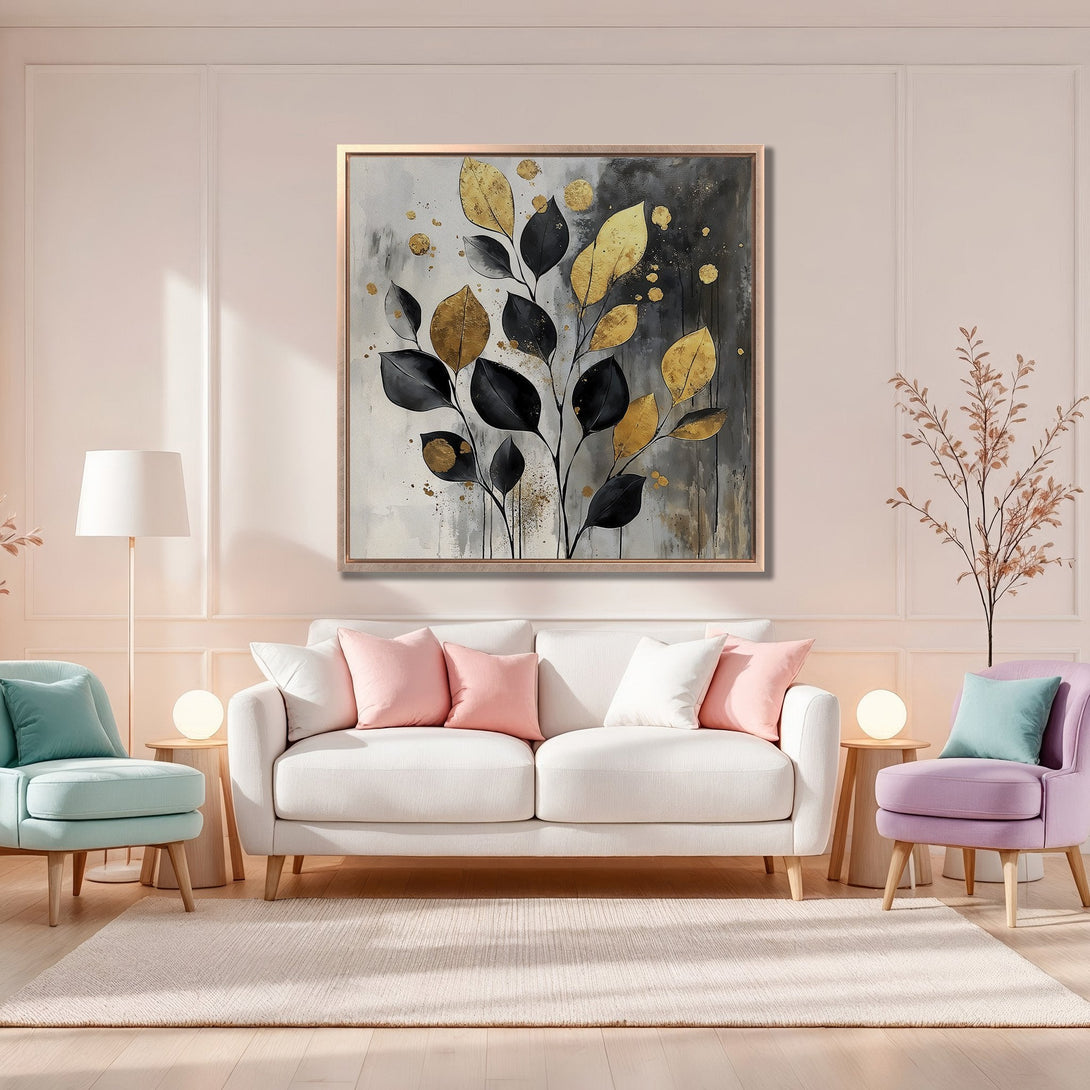 Framed Wall Art: Abstract botanical print with gold and black leaves. Modern art in a neutral color palette, perfect for living room decor.
