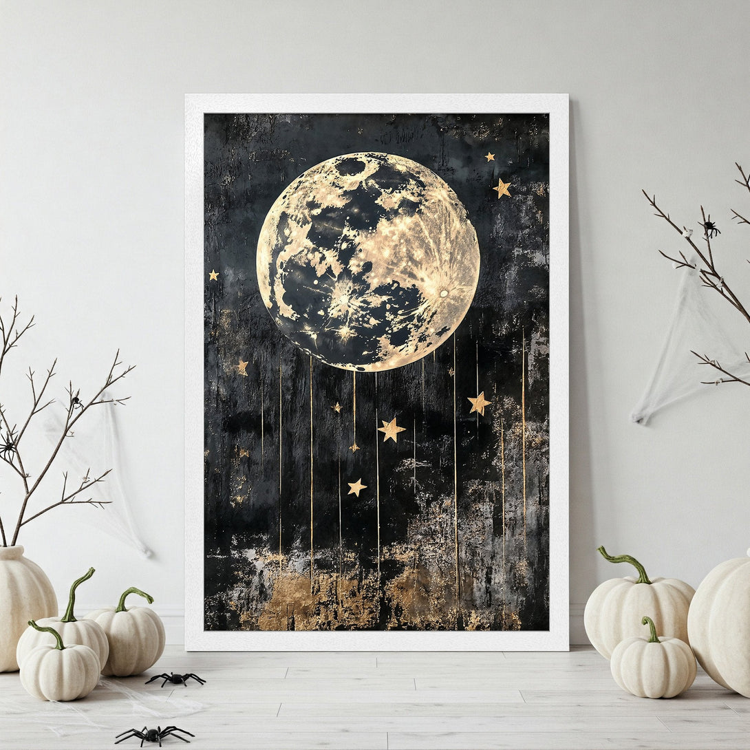Framed Poster featuring a celestial moon and stars in a dark, textured style with gold accents. Perfect for Halloween decor.