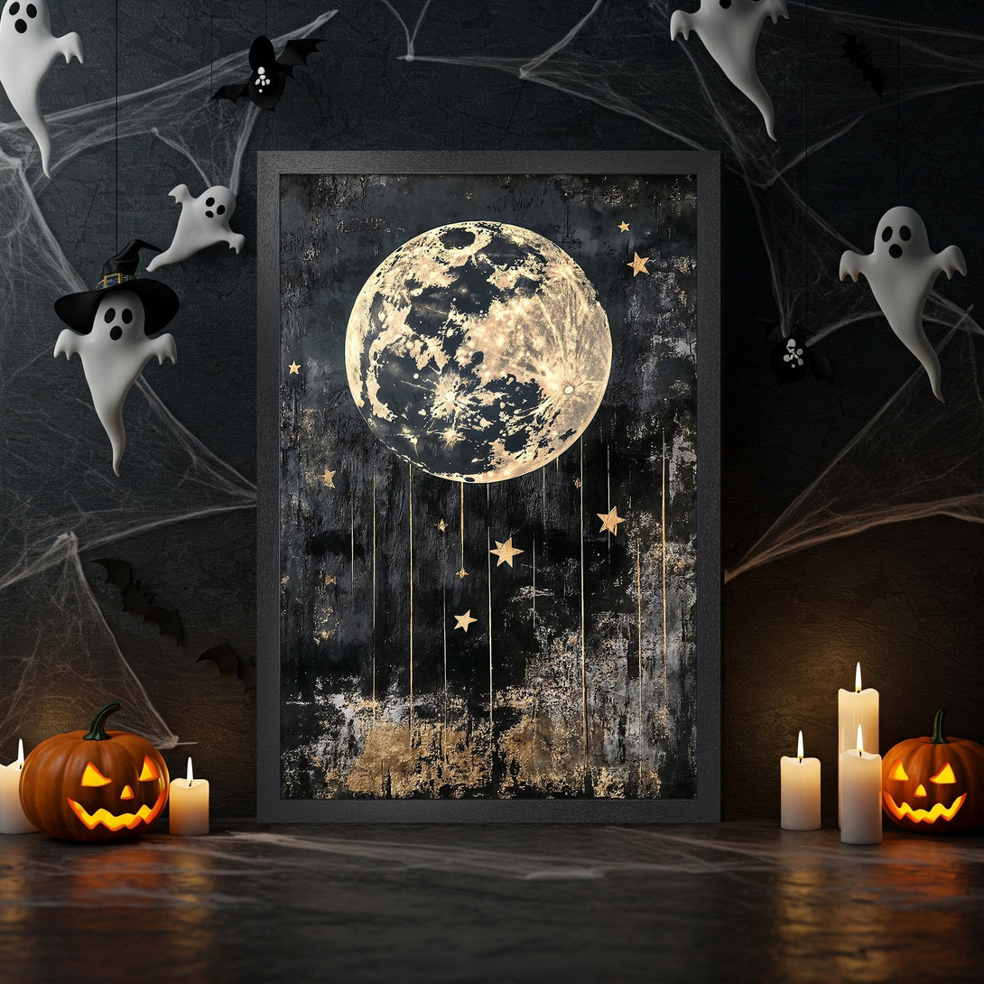 Framed Poster featuring a spooky moon and stars art print. Dark, moody style with gold and black color palette, perfect for Halloween decor.