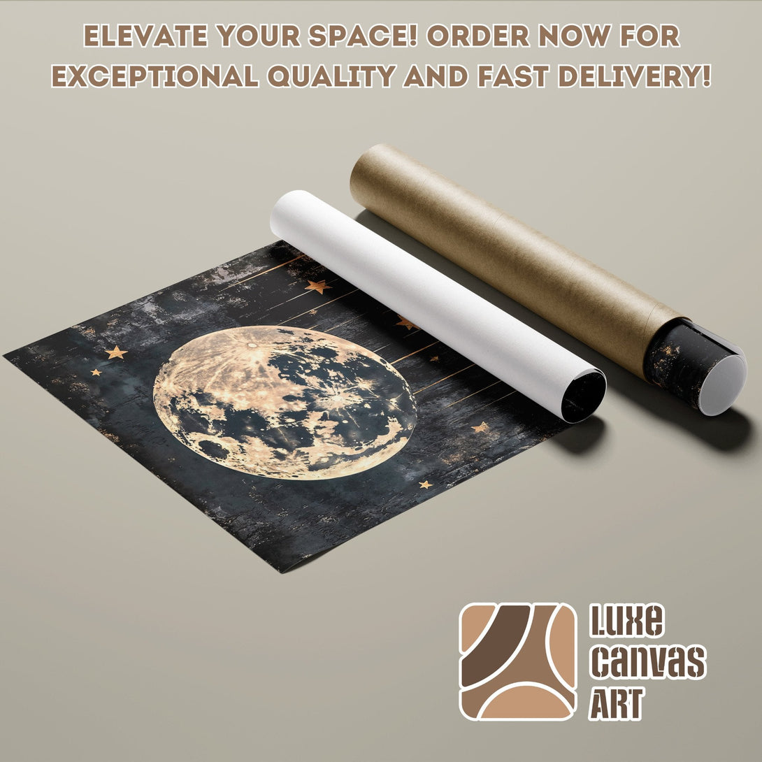 Moon Poster Roll, dark and gold tones, celestial art print, perfect for your home decor.