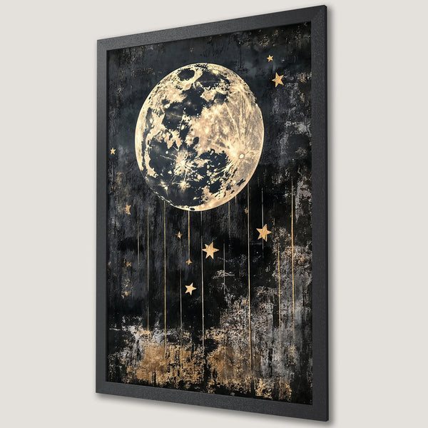 Framed Poster of moon & stars art in black & gold. Add celestial charm to your space with this stunning, abstract poster!