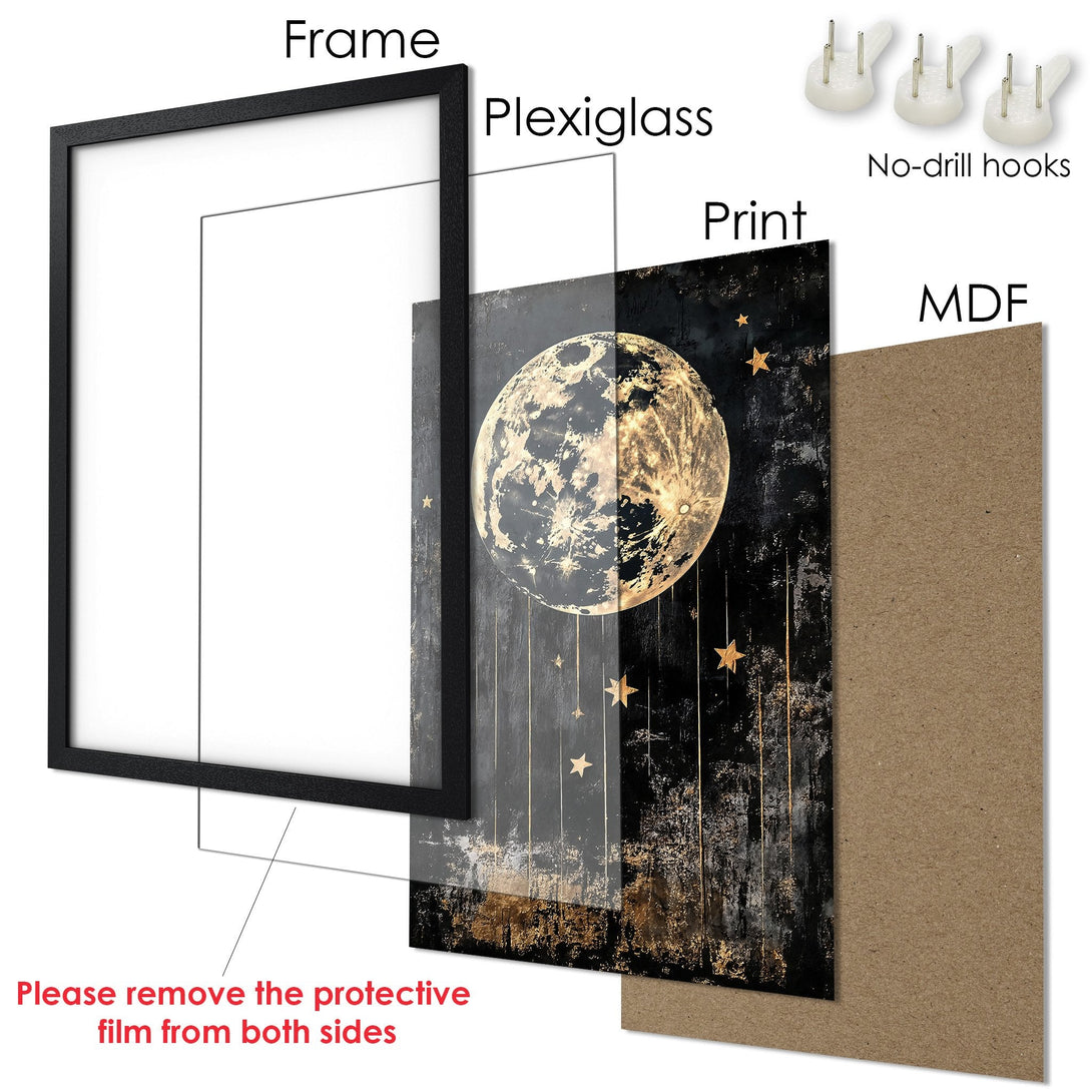 Framed Poster featuring a celestial moon and stars design in a dark, gold, and black color palette. Perfect wall art!