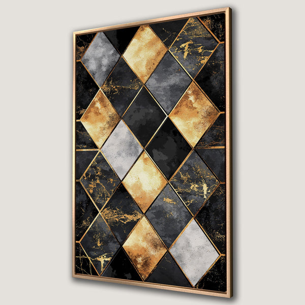 Framed Wall Art featuring a geometric diamond pattern in black, gold, and gray. Modern abstract art for a stylish interior.