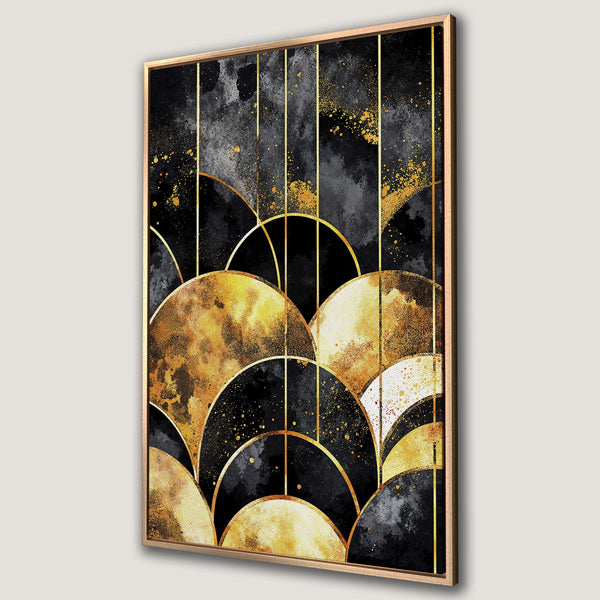 Framed Wall Art Canvas Print featuring an abstract geometric design in black, gold, and gray. Modern art for your home decor.