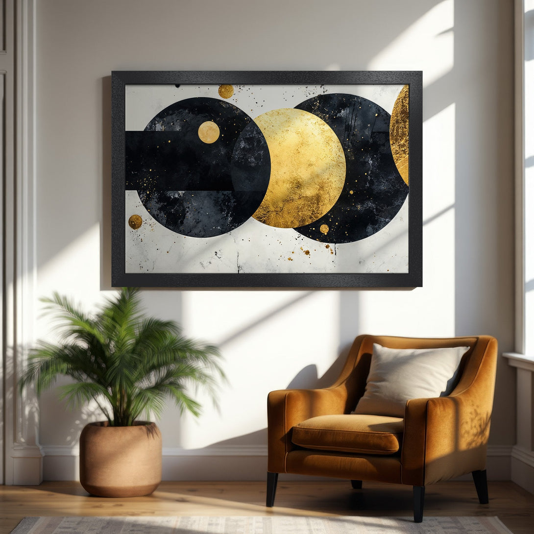 Framed Poster featuring abstract gold & black geometric design. Modern art print for home decor. Enhance your space with this stylish poster.