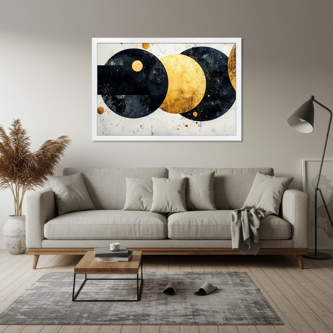 Framed Poster featuring abstract gold and navy circles. Modern art style with a neutral color palette. Perfect wall decor!