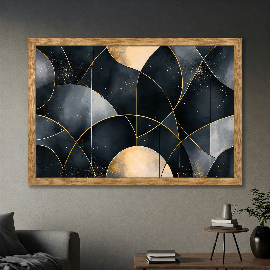 Framed Poster: Abstract geometric art in navy, gold, and beige. Modern art print for home decor.