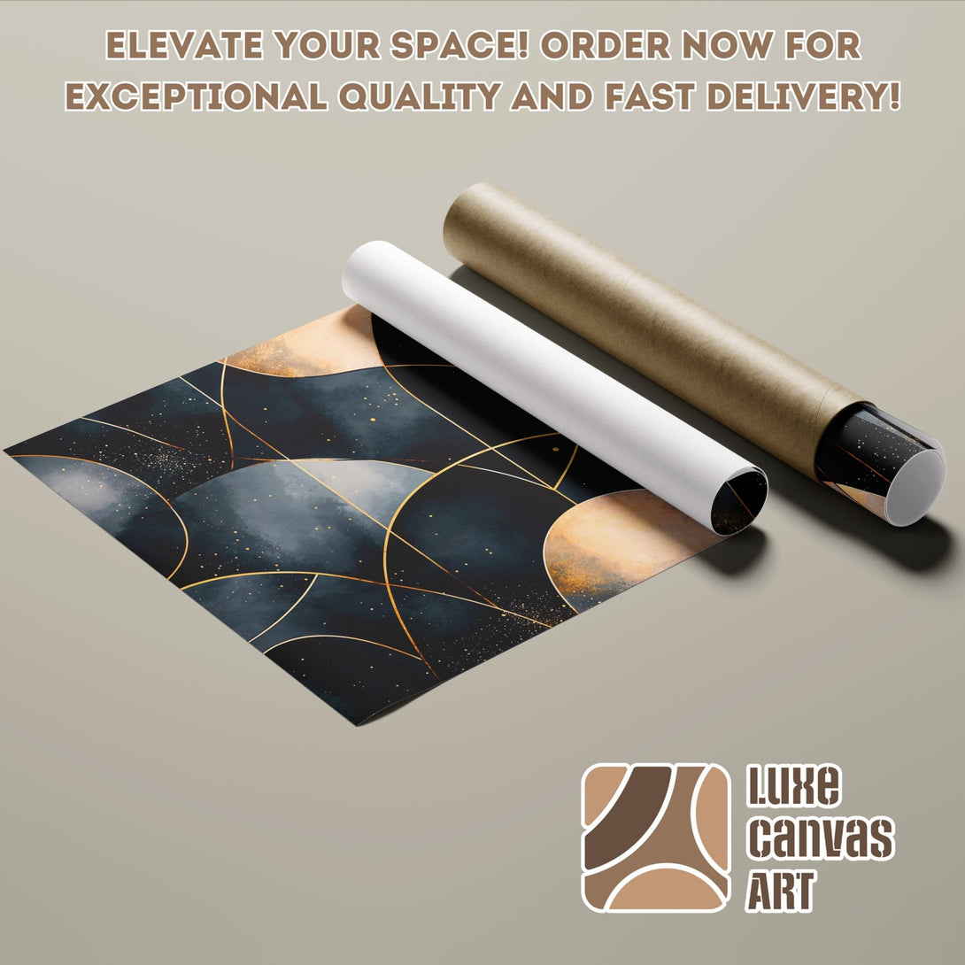 Abstract art Poster Roll in navy, gold, and beige. Elevate your space with Luxe Canvas Art!