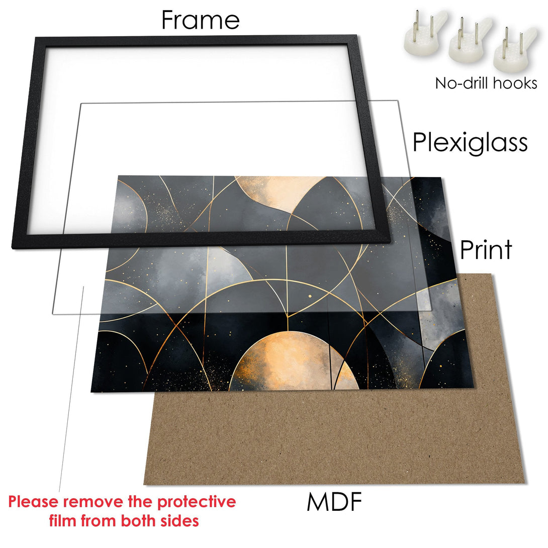 Framed Poster: Abstract art print with gold accents. Modern style, featuring a black, gray, and gold color palette. Ready to hang!