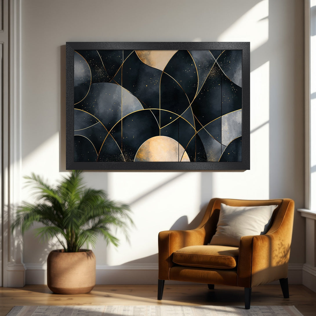 Framed Poster featuring abstract geometric art in black, gold, and neutral tones. Modern wall decor for your home.