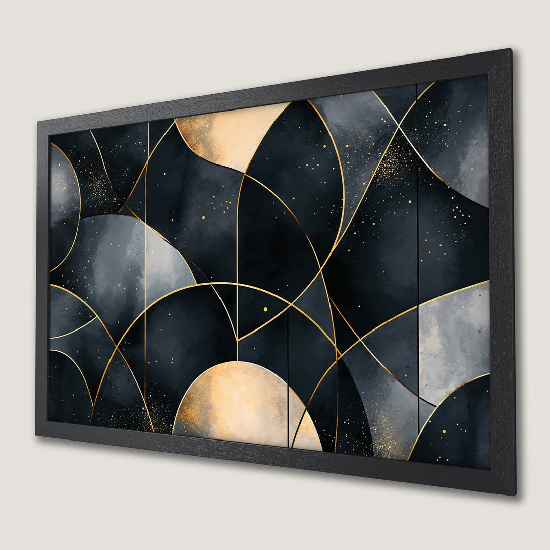 Framed Poster: Abstract geometric art in navy, gold, and gray. Modern wall decor for your home or office. Shop now!