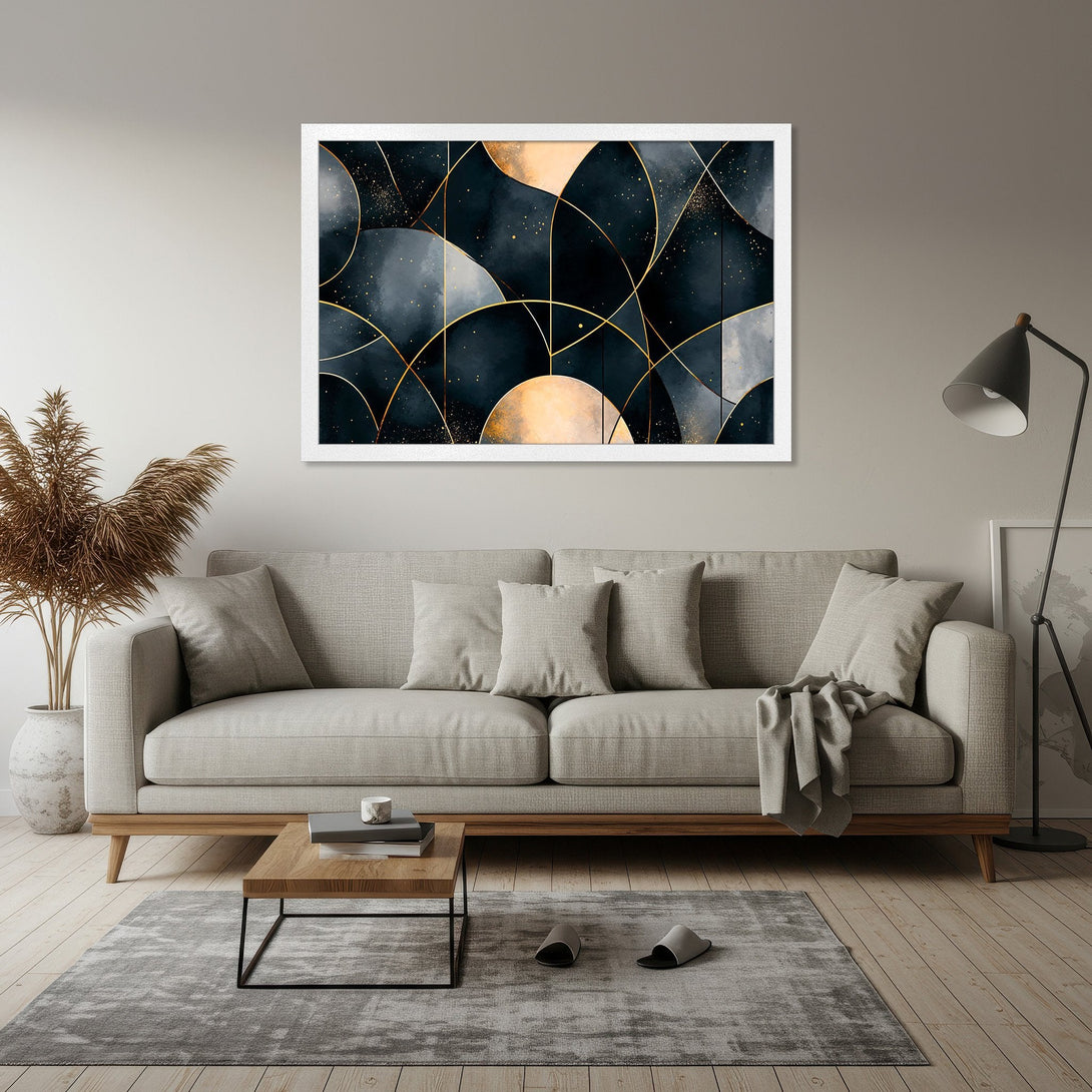 Framed Poster featuring abstract geometric art in navy, gold, and gray. Modern wall art for home decor.