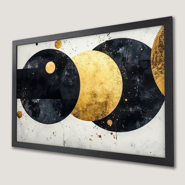 Framed Poster: Abstract art with gold, black, and white circles. Modern style, perfect for home decor. Enhance your space with this stunning poster.