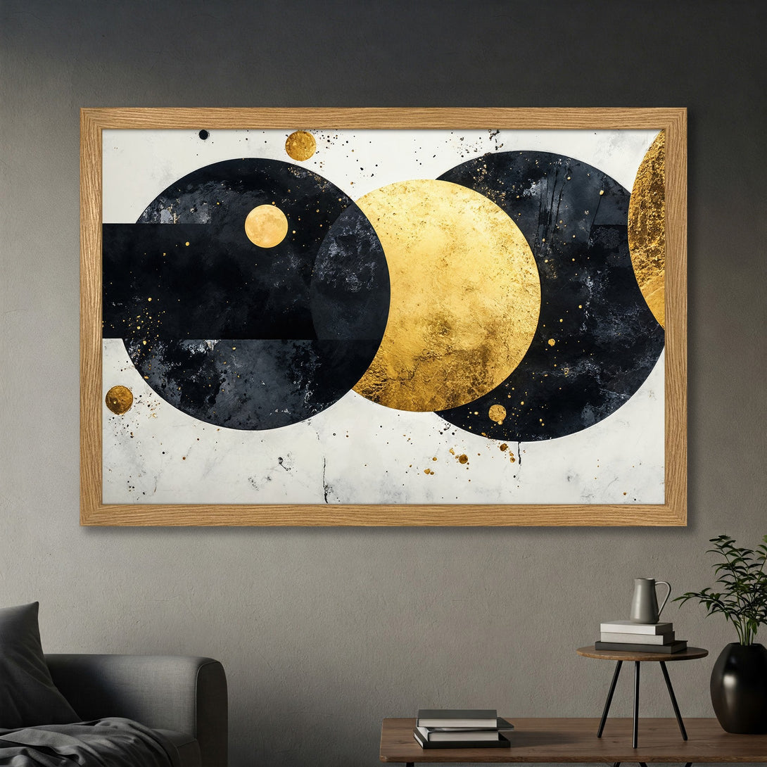Framed Poster: Abstract art with gold and black circles. Modern style, neutral color palette. Perfect wall decor.