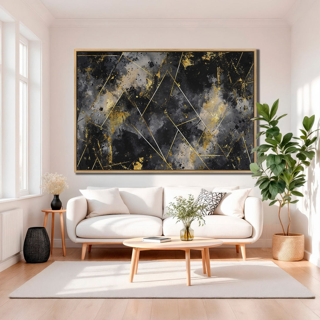 Framed Wall Art: Abstract black, gray, and gold geometric canvas print. Modern art for living room decor. Enhance your space with this statement piece.