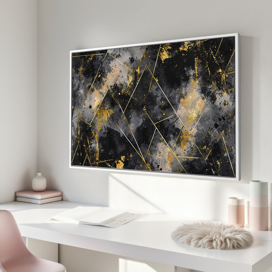 Framed Wall Art featuring abstract geometric design in black, gold, and gray. Modern art for living room decor.