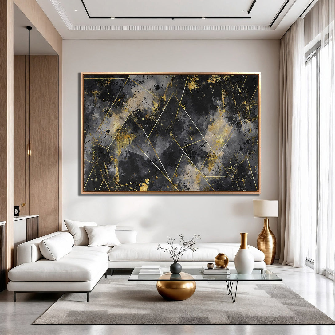 Framed Wall Art: Abstract black, gray, and gold canvas print. Modern geometric design with a luxurious color palette, perfect for contemporary interiors.