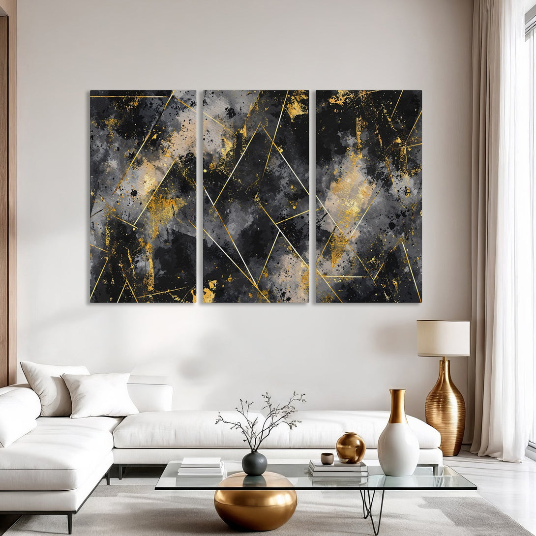 Abstract Canvas Print triptych in black, gray, and gold. Modern art for home decor. Geometric design with a luxurious feel.