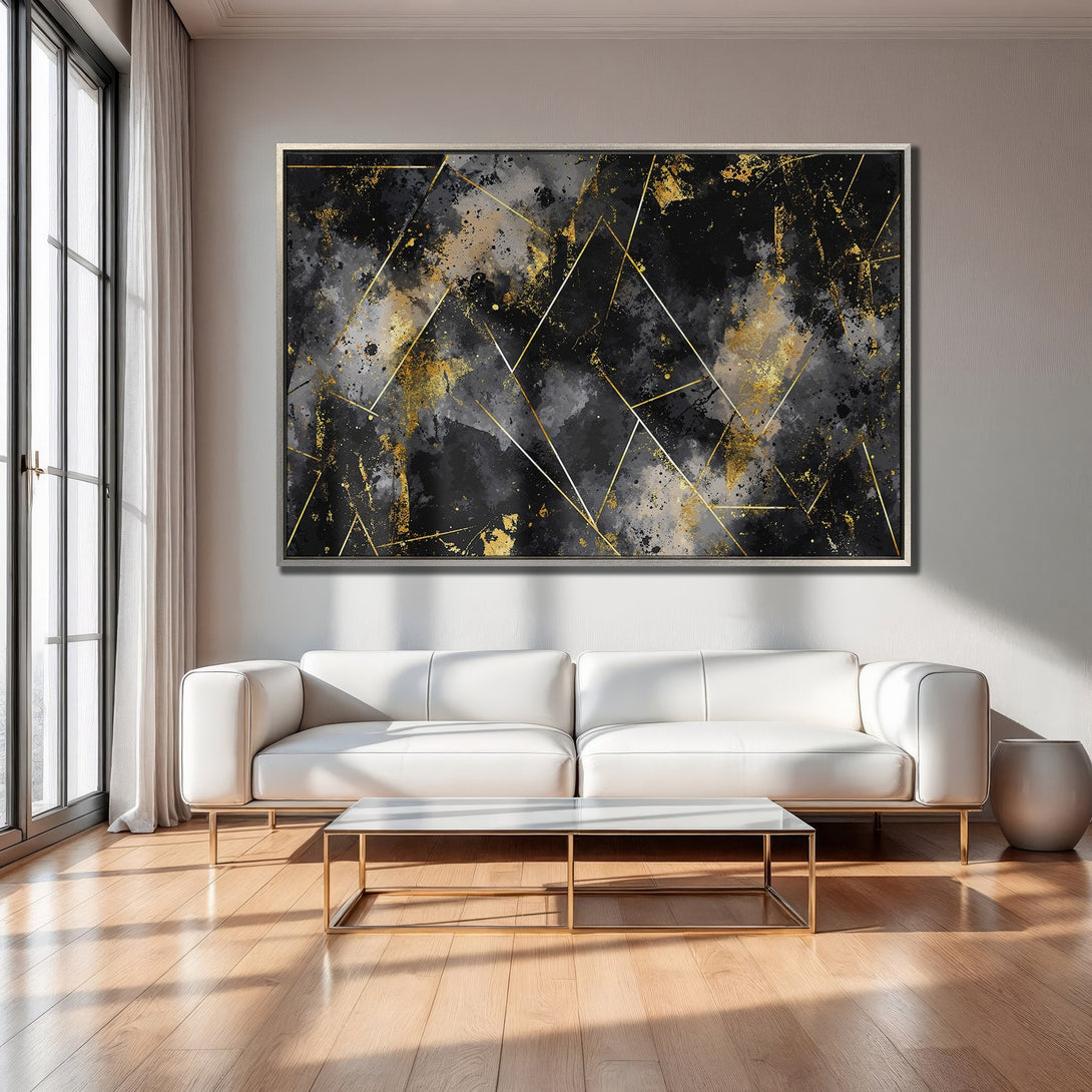Framed Wall Art: Abstract black, gray, and gold geometric design. Modern art canvas print adds a touch of luxury and style to any interior.