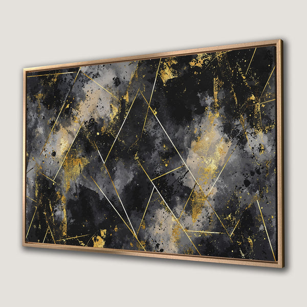 Framed Wall Art featuring abstract geometric art in black, gray, and gold. Modern canvas print for a stylish interior.