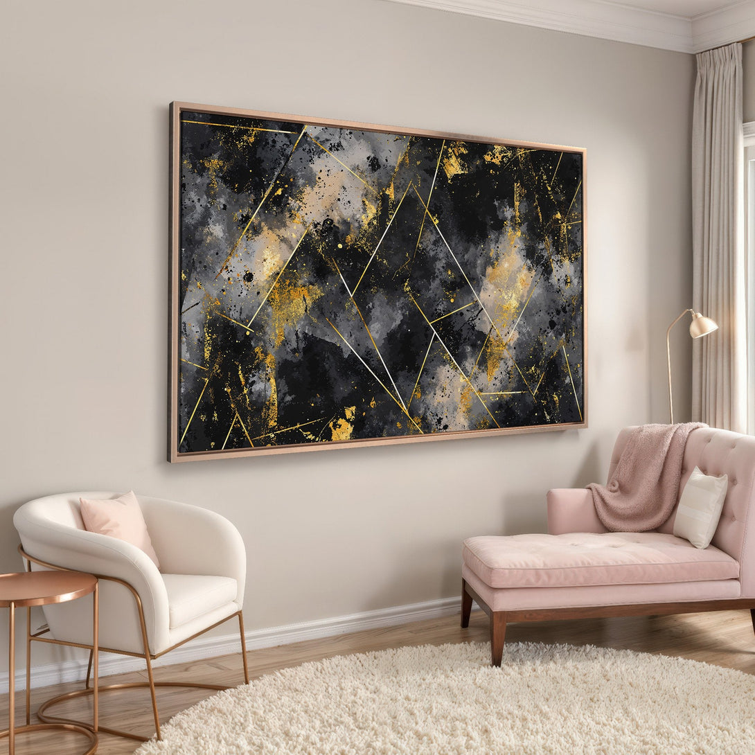 Framed Wall Art: Abstract black and gold canvas print. Modern art with geometric accents. Adds a touch of luxury to any interior.