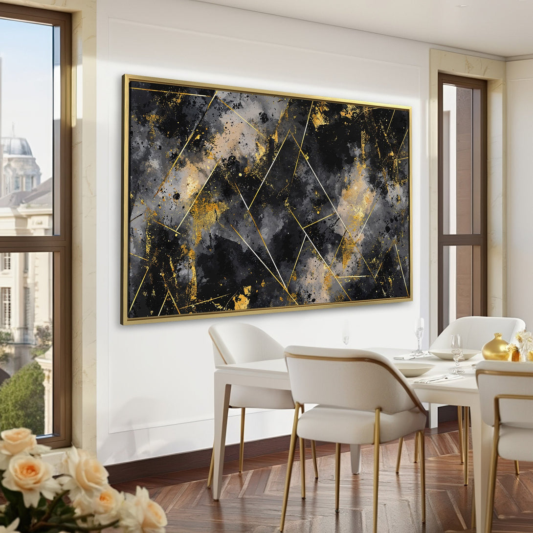 Abstract Canvas Print with gold accents, displayed in a luxurious interior. Black, gray, and gold color palette, perfect for modern decor.
