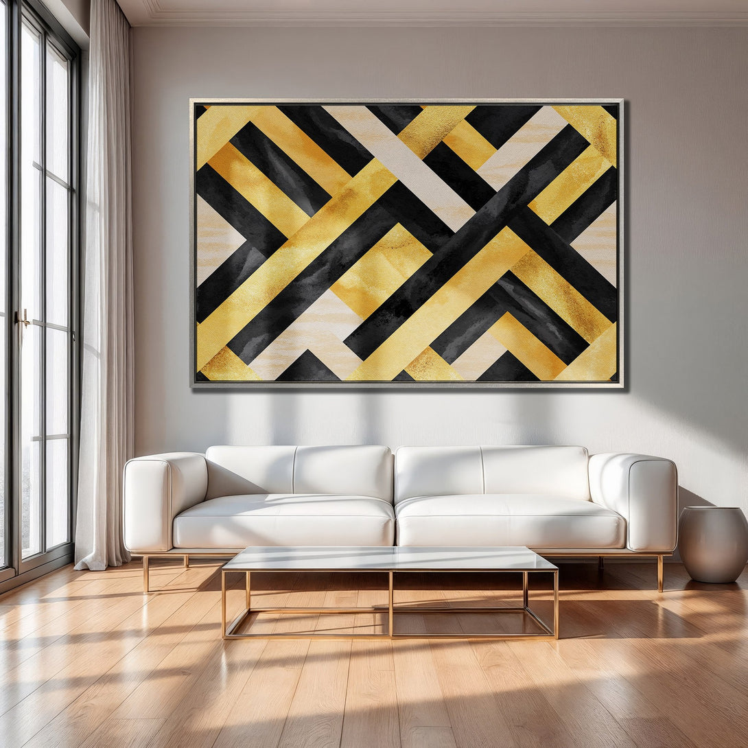 Framed Wall Art: Modern abstract geometric design in gold, black, and cream. Stylish canvas print for living room decor.