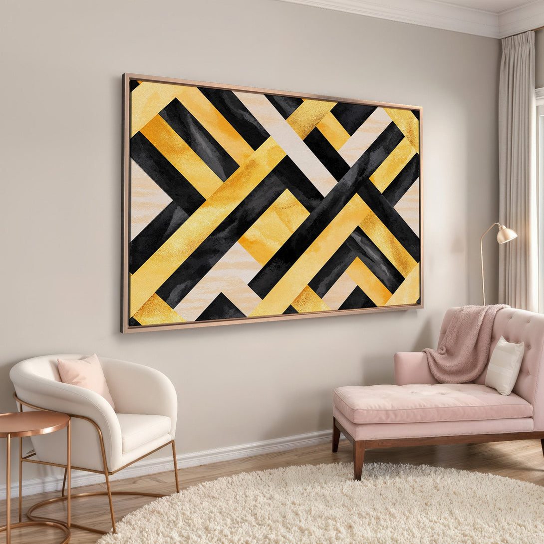 Framed Wall Art: Modern abstract geometric design in gold, black, and cream. Stylish decor for any interior.