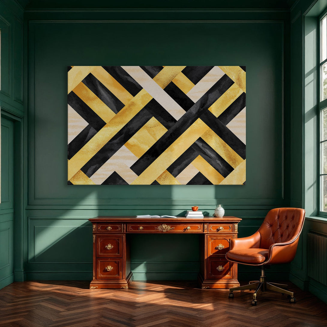 Framed Wall Art: Abstract geometric design with gold, black, and beige tones. Modern canvas print for dining room decor.