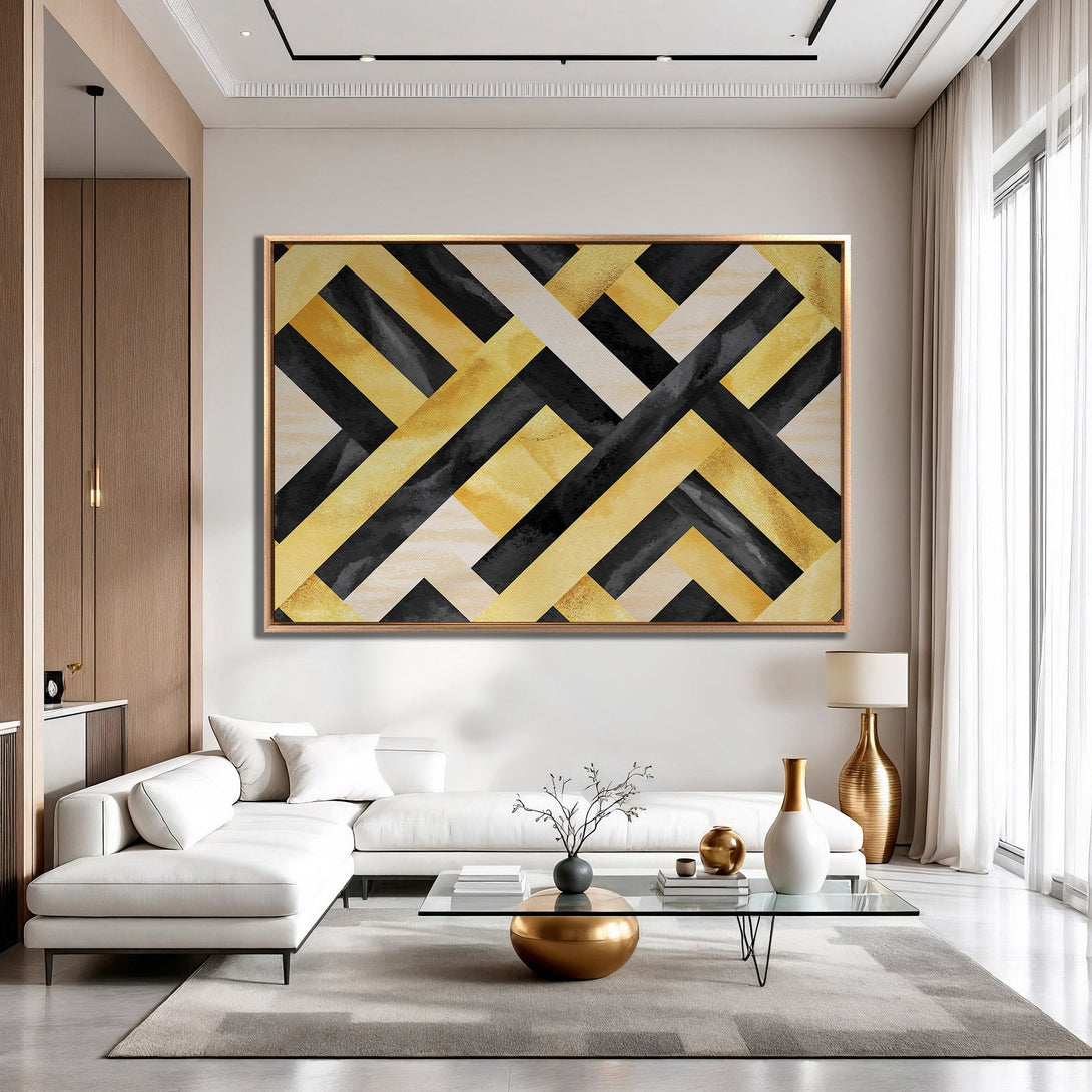 Framed Wall Art: Geometric abstract art in black, gold, and cream. Modern canvas print adds a touch of elegance to any interior space.