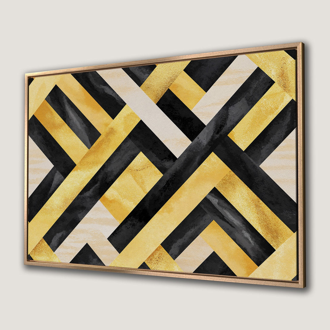 Framed Wall Art featuring an abstract geometric design in gold, black, and cream. Modern art for a stylish home.