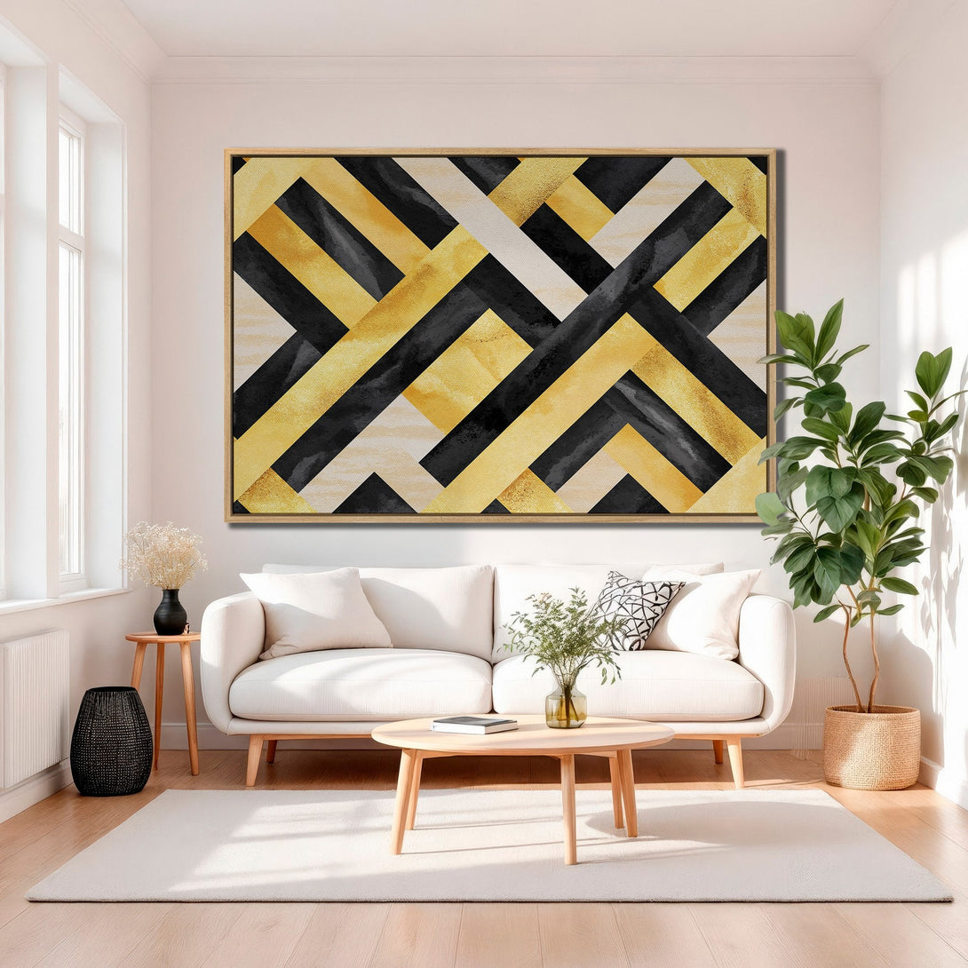 Framed Wall Art: Abstract geometric design in gold, black, and white. Modern Canvas Print adds a touch of elegance to any living room. Shop now!