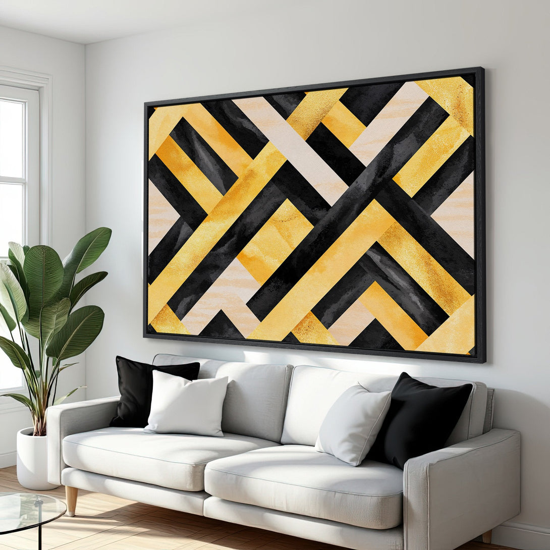 Framed Wall Art: Geometric abstract art in gold, black & beige. Modern canvas print adds a stylish touch to any interior. Shop now!