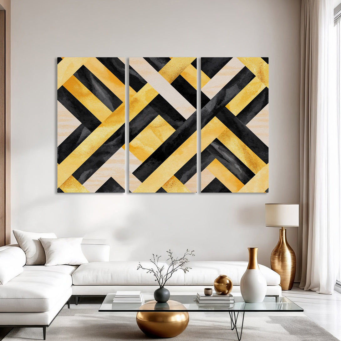 Abstract Canvas Print art in black, gold, and beige. Modern geometric design adds a touch of luxury to any space.