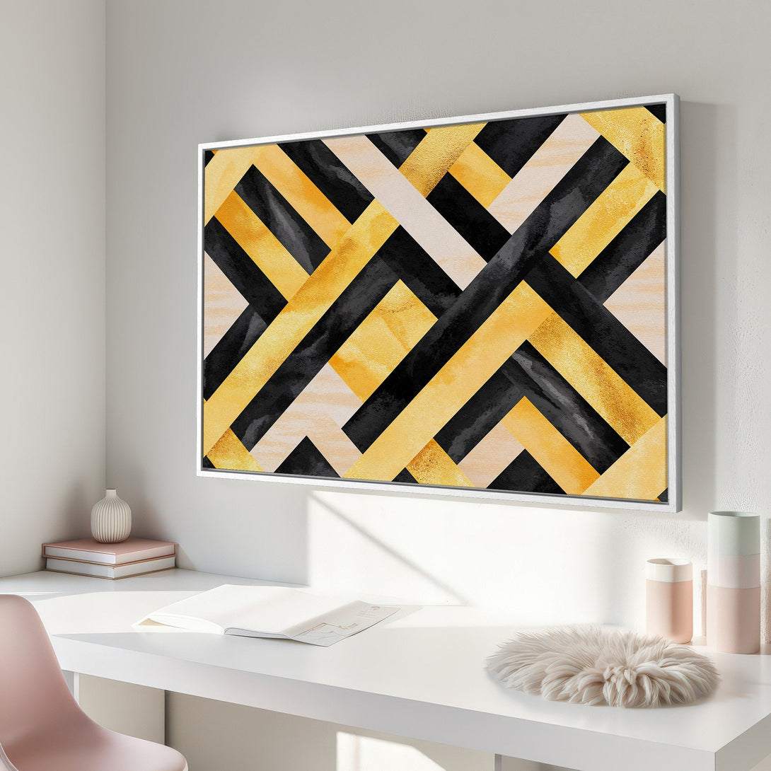 Framed Wall Art: Geometric abstract art Canvas Print in gold, black, and beige. Modern decor for living rooms and bedrooms.