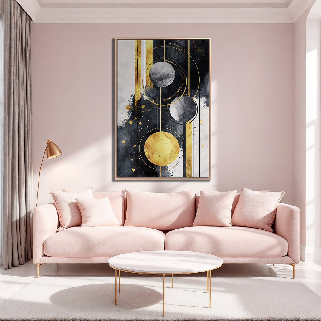Framed Wall Art featuring an abstract gold, black, and white design. Modern art canvas print, perfect for adding a touch of elegance to your living room.
