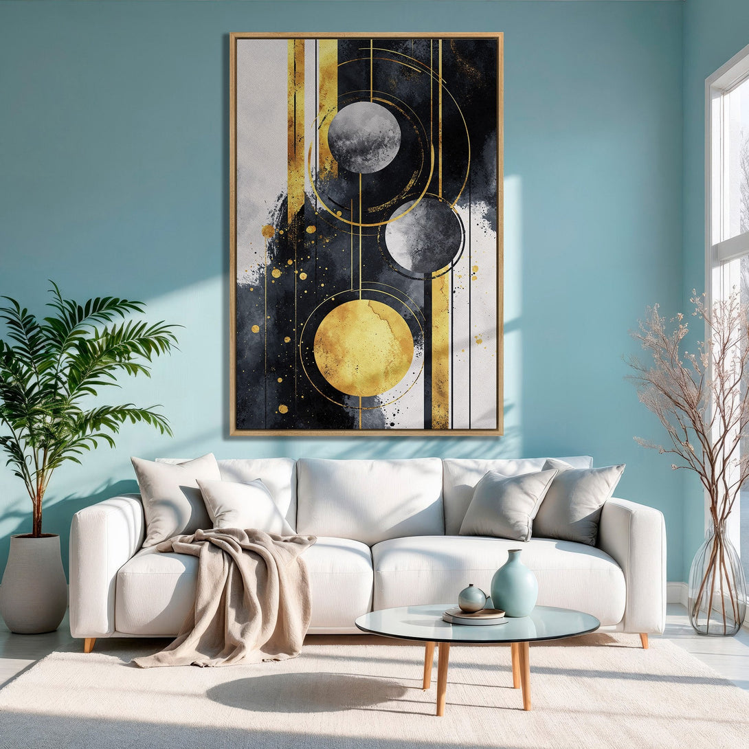 Framed Wall Art: Abstract geometric design in gold, black, and gray. Modern canvas print adds a touch of elegance to any living room.
