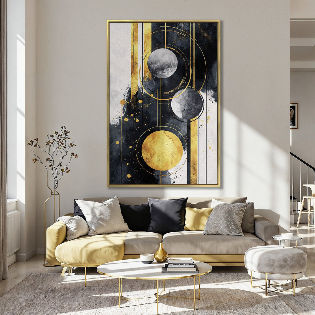 Abstract Canvas Print in a kitchen setting. Features a modern design with gold, black, and gray geometric shapes. Perfect wall art for any home.