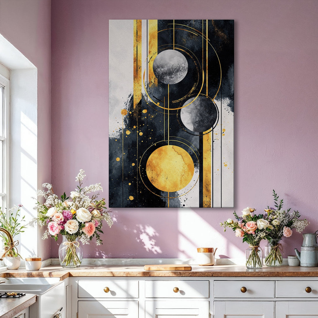 Framed Wall Art: Abstract gold, black, and white Canvas Print. Modern art piece with geometric shapes, perfect for adding a touch of elegance to any interior.