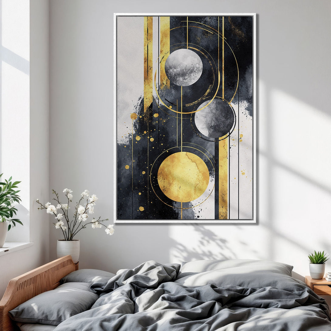 Framed Wall Art: Abstract geometric design in black, gold, and gray. Modern canvas print adds a touch of elegance to any bedroom decor.