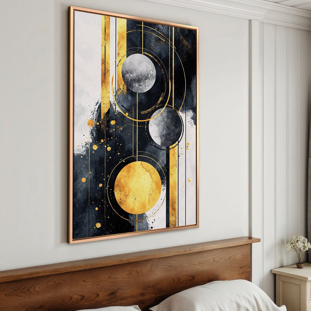 Framed Wall Art featuring an abstract design with gold, black, and white. Modern artwork perfect for adding a touch of elegance to any space.