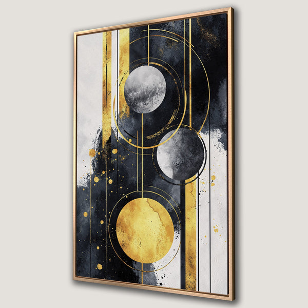 Framed Wall Art: Abstract geometric design with gold, black, and white color palette. Modern Canvas Print for a stylish interior.