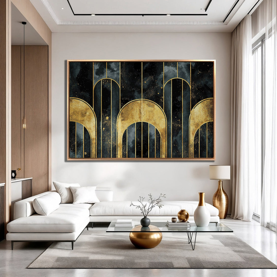 Framed Wall Art: Abstract gold & black design. Modern art canvas print adds elegance to any interior. Shop now for luxury home decor!