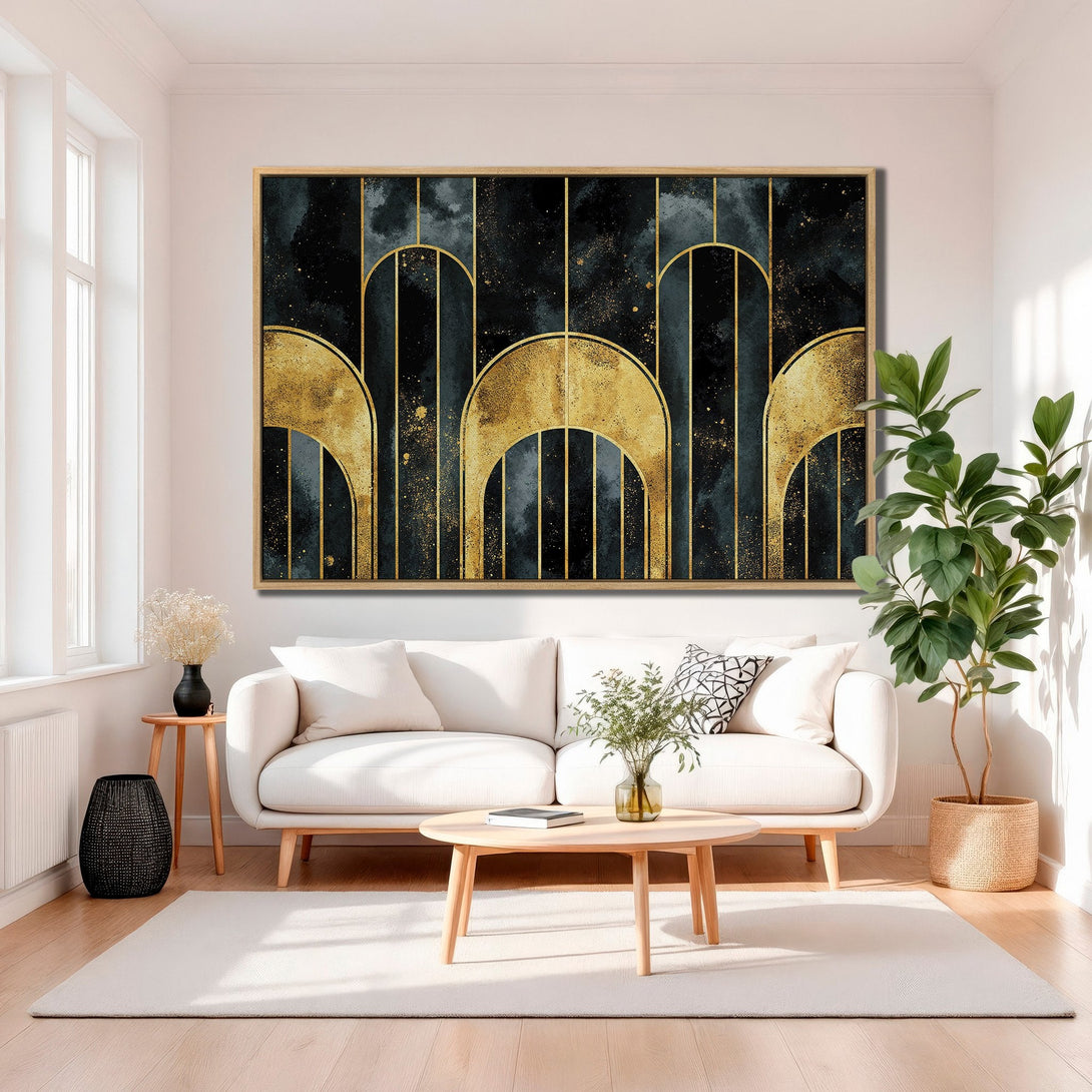 Framed Wall Art featuring an abstract gold and black design, displayed in a modern living room. Elevate your decor with this stylish canvas print!
